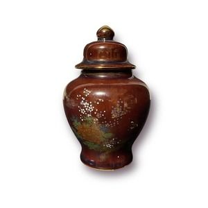Vintage Brown Floral Stenciled Japanese Ginger Jar with Lid Vase